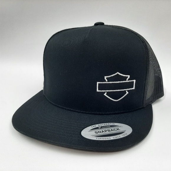 Harley Davidson Flat Bill Trucker Mesh Snapback Cap Hat Black Silver Gray Shield - Picture 2 of 4